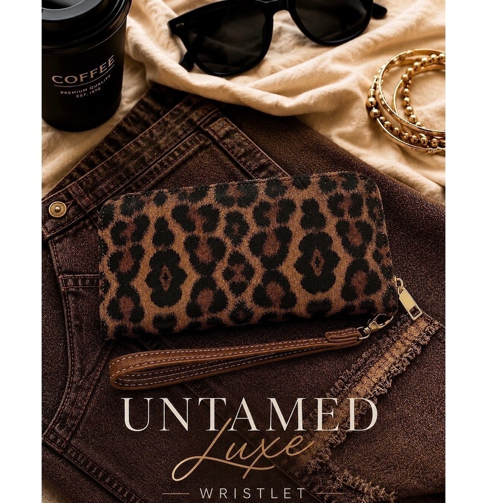 Leopard Print Wristlet Wallet Zip Around Organizer Brown Tan - Picture 2 of 7